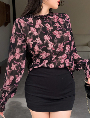 Picture of Women’s Floral Chiffon Transparent Blouse, Long Sleeves