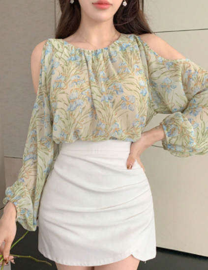 Picture of Women’s Casual Ditsy Floral Vacation Blouse with Off-Shoulder & Long Sleeves