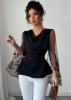 Picture of Women’s Elegant Embroidered Patchwork Blouse with Draped Neckline & Slim Fit