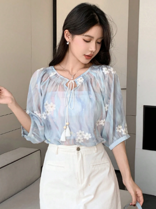 Picture of Women’s Transparent Bow Casual Loose short sleeves Blouse