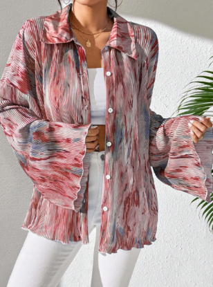 Picture of Women’s Casual Blouse, Random Print & Flared LONG Sleeves