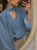 Picture of Women’s Polka Dot Solid Blouse – long sleeves, bow neckline