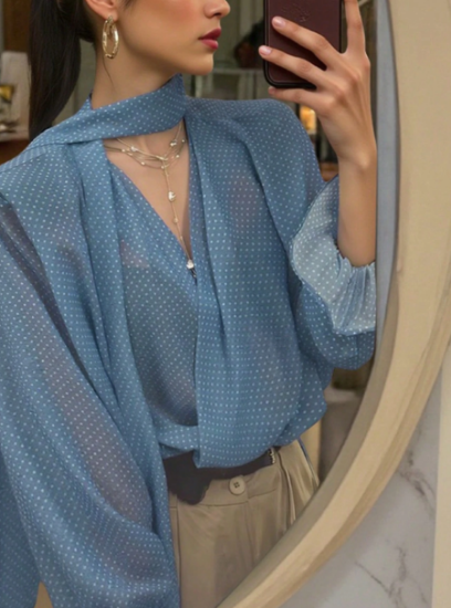 Picture of Women’s Polka Dot Solid Blouse – long sleeves, bow neckline