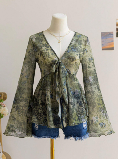 Picture of Women’s Retro V-Neck Blouse, Wide long Sleeves