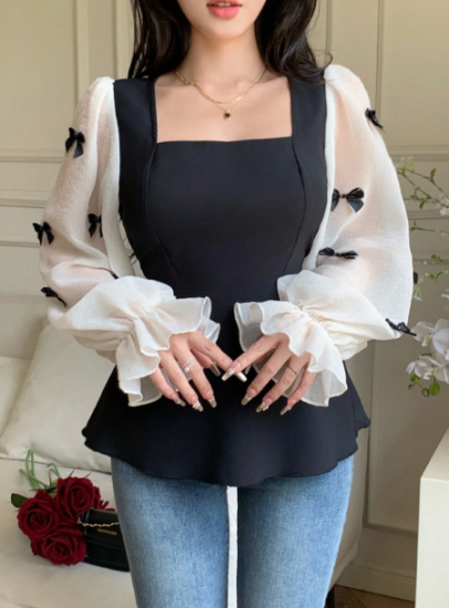 Picture of Women’s Transparent Long Sleeve Blouse with Bow Accent & Square Neckline