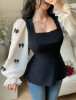 Picture of Women’s Transparent Long Sleeve Blouse with Bow Accent & Square Neckline