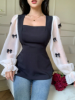 Picture of Women’s Transparent Long Sleeve Blouse with Bow Accent & Square Neckline