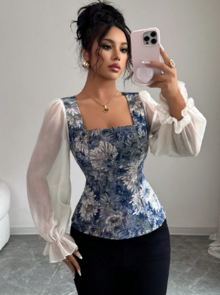 Picture of Women’s Blouse with Transparent long Sleeves, Square Neckline & Slim Waist Fit