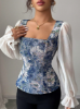 Picture of Women’s Blue Jacquard Blouse with Transparent Sleeves, Square Neckline & Slim Waist Fit