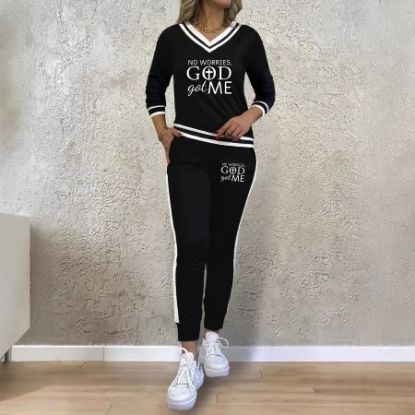 Picture of Women’s Printed Patchwork V‑Neck Long‑Sleeved Top with Elastic Waist Pants – Two‑Piece Set