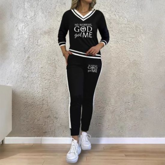 Picture of Women’s Printed Patchwork V‑Neck Long‑Sleeved Top with Elastic Waist Pants – Two‑Piece Set