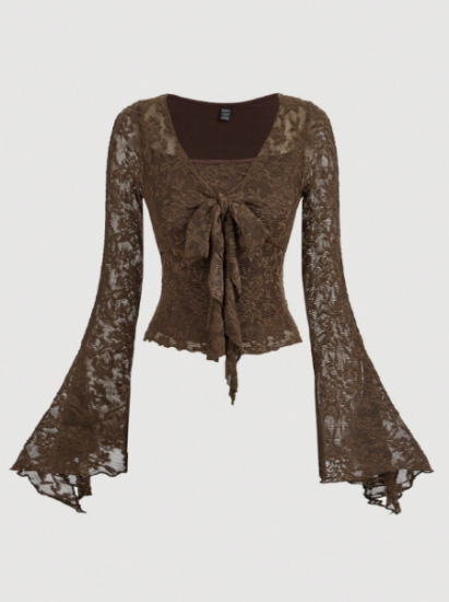 Picture of Women’s Romantic Blouse with Front Tie & Elegant Long Sleeves