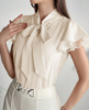 Picture of Women’s Elegant Chiffon Blouse with Solid Bow Collar & Mesh Sleeves