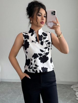 Picture of Women’s Sleeveless Blouse with V-Neck, Silhouette Pattern & Half Button Placket