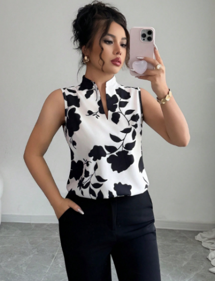 Picture of Women’s Sleeveless Blouse with V-Neck, Silhouette Pattern & Half Button Placket