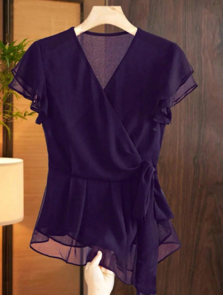 Picture of Women’s Chiffon Blouse with V-Neck, Ruffle Hem, Waist Tie & Long Flared Sleeves