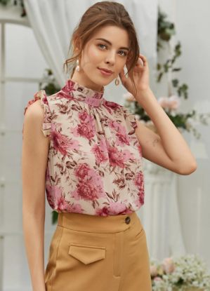 Picture of Women’s Elegant Floral Blouse with Buttons & Short Sleeves