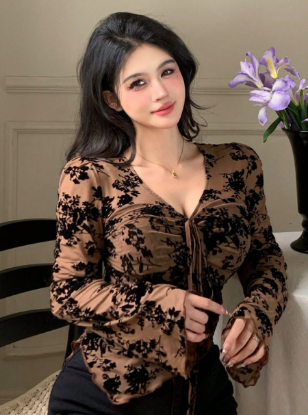 Picture of Women’s Ditsy Floral V-Neck Blouse with Drawstring, Ruffles & Long Bell Sleeves