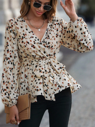Picture of Women’s  Peplum Blouse with Belt & Long Lantern Sleeves