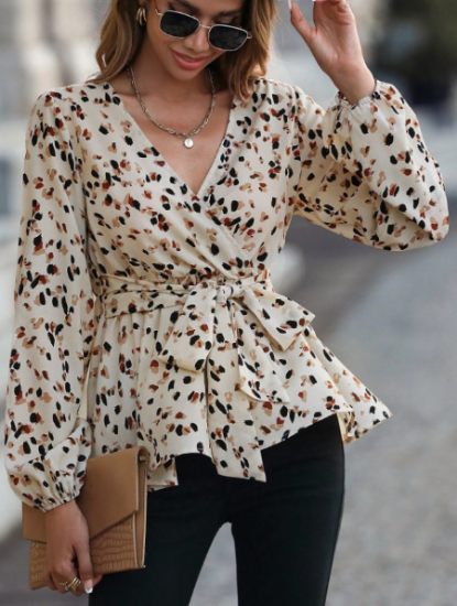 Picture of Women’s  Peplum Blouse with Belt & Long Lantern Sleeves