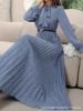 Picture of Ladies’ Long-Sleeved Pleated Dress with Polka Dot Print, Tie Collar, No Waistband