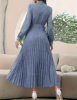Picture of Ladies’ Long-Sleeved Pleated Dress with Polka Dot Print, Tie Collar, No Waistband