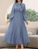 Picture of Ladies’ Long-Sleeved Pleated Dress with Polka Dot Print, Tie Collar, No Waistband
