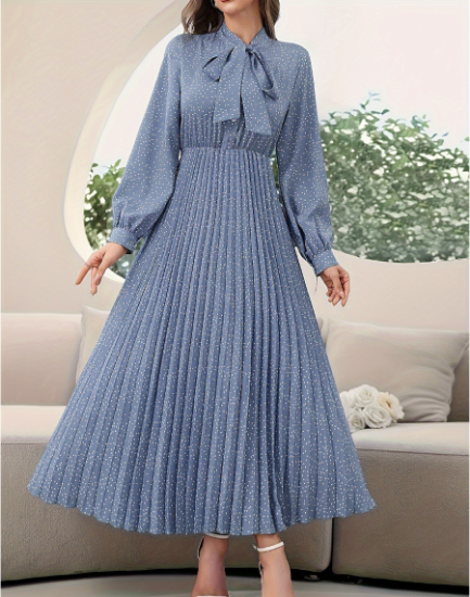 Picture of Ladies’ Long-Sleeved Pleated Dress with Polka Dot Print, Tie Collar, No Waistband
