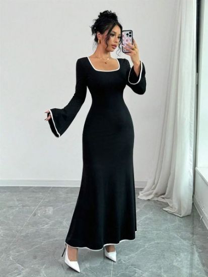 Picture of Ladies’ Temperament Square Neck Contrasting Color Slim Fit Elegant Dress