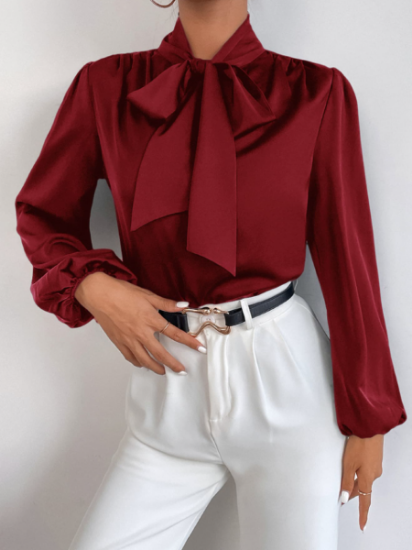 Picture of Women’s Satin-Like Blouse with Bow Collar & Long  Sleeves