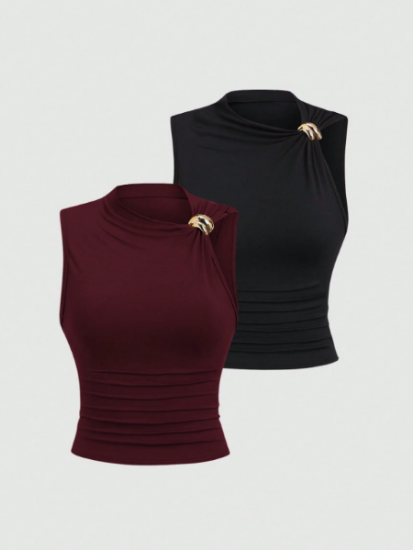 Picture of Women’s Elegant 2 pcs. Fitted Pleated Sleeveless Blouse  – Summer Wear