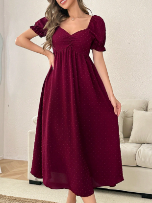 Picture of Women’s Polka Dot Jacquard Long  Nightdress – Square Neck, Puff short Sleeves