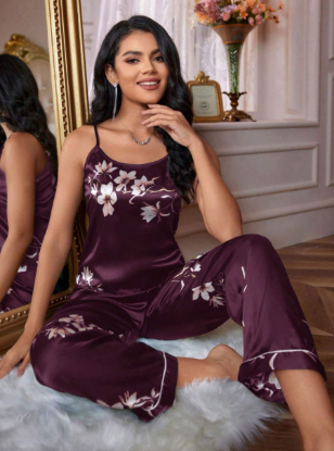 Picture of Women’s Satin Pajama Set – Floral Print,  spaghetti strap
