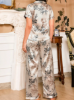 Picture of Women’s Pajama Set – Satin Floral Print Shirt & Long Pants, Elegant Holiday Wear