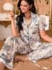 Picture of Women’s Pajama Set – Satin Floral Print Shirt & Long Pants, Elegant Holiday Wear