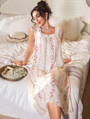 Picture of Women’s Nightdress – Square Neck, short sleeves, Floral Pattern