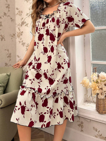 Picture of Women’s Nightdress – Floral Print with Ruffle Hem, short sleeves