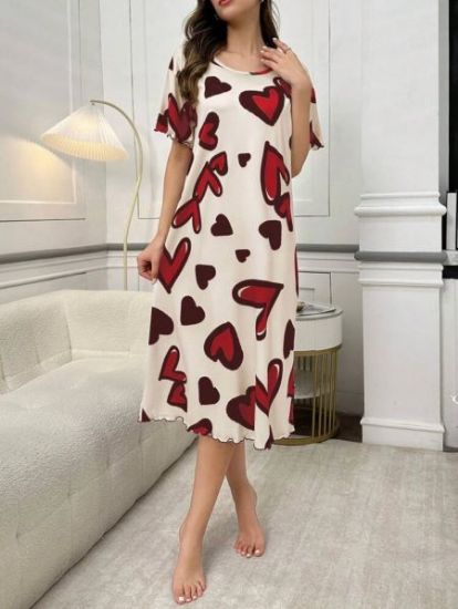 Picture of Women’s Nightdress - Casual Heart Print Round Neck