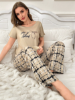Picture of Women’s Pajama Set – Short Sleeve Letter & Bow Print Top with Plaid Pants