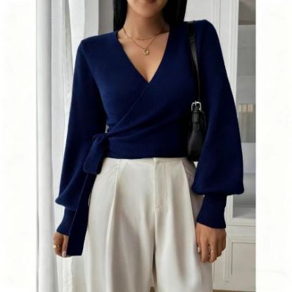 Picture of Autumn & Winter Women’s Cross V-Neck Knitted Short Top with Irregular Straps
