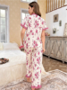 Picture of Women’s Pajama Set – Ruffle Edge Open Front Short Sleeve Top & Chiffon Pants