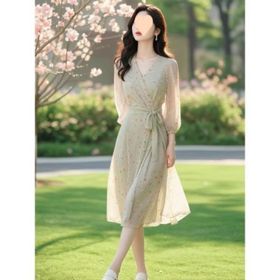 Picture of Women’s Summer French Floral Chiffon Dress – Light Green Slimming Waist, 7/4 Sleeves