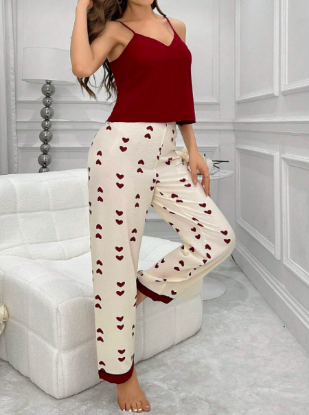 Picture of Women's Pajama Set – Heart Print V-Neck, spaghetti straps