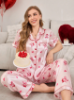 Picture of Women’s Pajama Set – Faux Silk Cherry Blossom Print, short sleeves