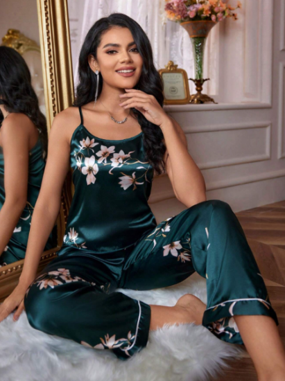 Picture of Women’s Satin Pajama Set – Floral Print Cami Top & Pants