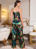 Picture of Women’s Satin Pajama Set – Tropical Plant Print, spaghetti straps top & long pants