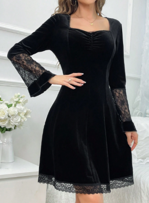 Picture of Women’s Elegant Nightdress – Lace Insert, velvet long sleeves