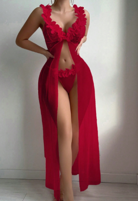 Picture of Women’s 2-PCS. Set – Contrast Lace Mesh Floral Maxi Dress + G-String