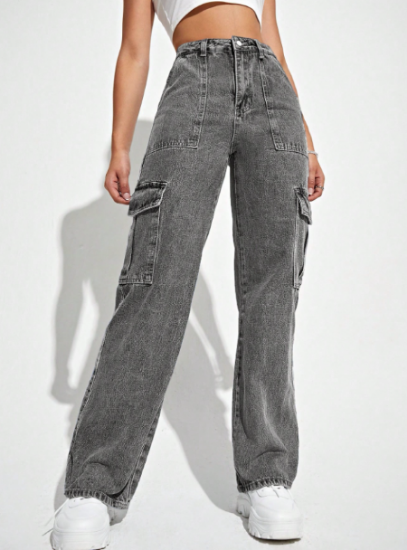 Picture of Women’s Cargo Jeans – High Waist, Flap Pockets, Straight-leg