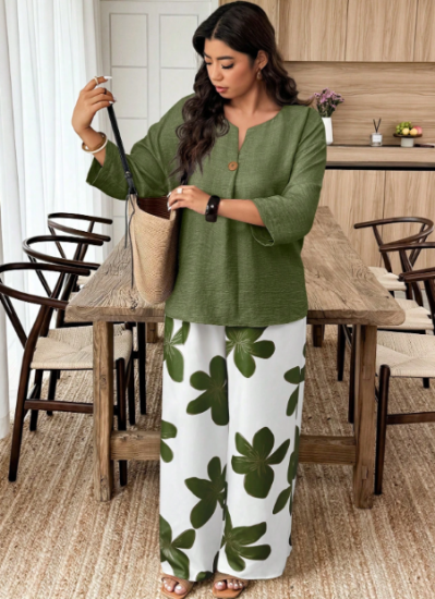 Picture of Women’s 2-Pcs.  Set –  Long-Sleeve & Floral Print Pants, Loose Fit, Plus Size